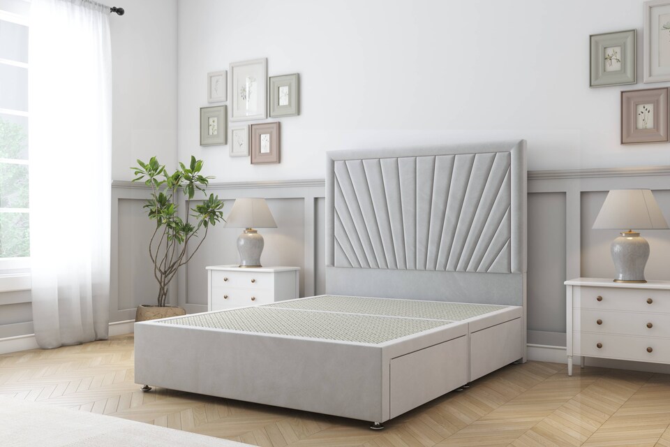 image 1 of Sloomy Somerset Silver Plush Divan Bed Base No Drawers With 54 Inch Floor Standing Headboard | Silver | Silver | King | 1