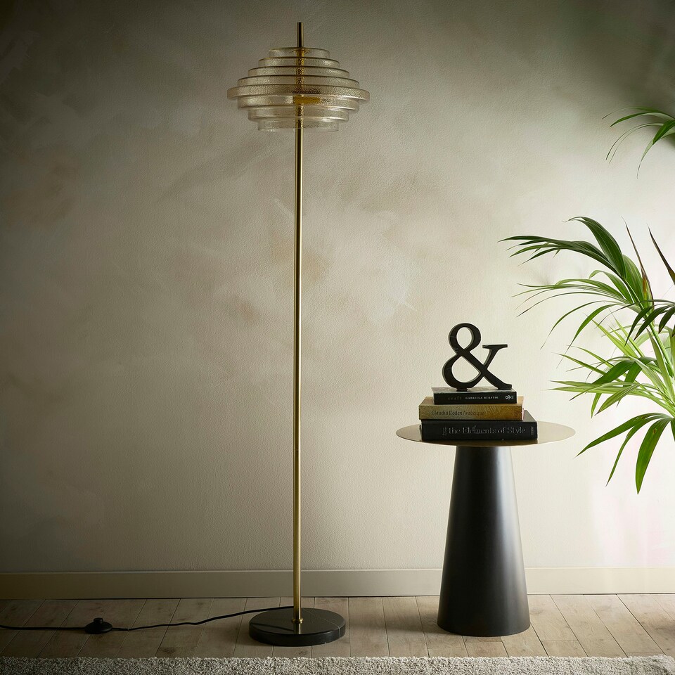 image 1 of Aspen 2lt Brass and Tiered Amber Glass Floor Lamp Gold