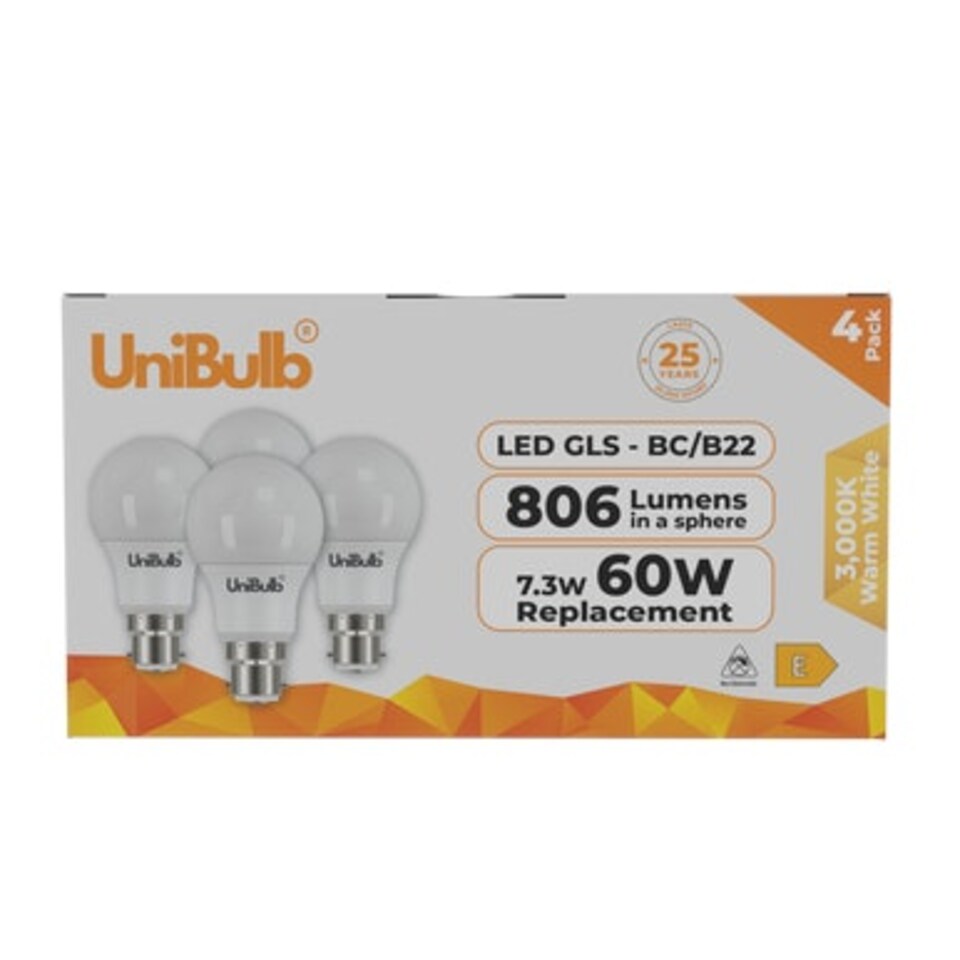 image 1 of UniBulb LED GLS B22 806lm 7.3W 3000K (Warm White) Light Bulb - Pack of 4