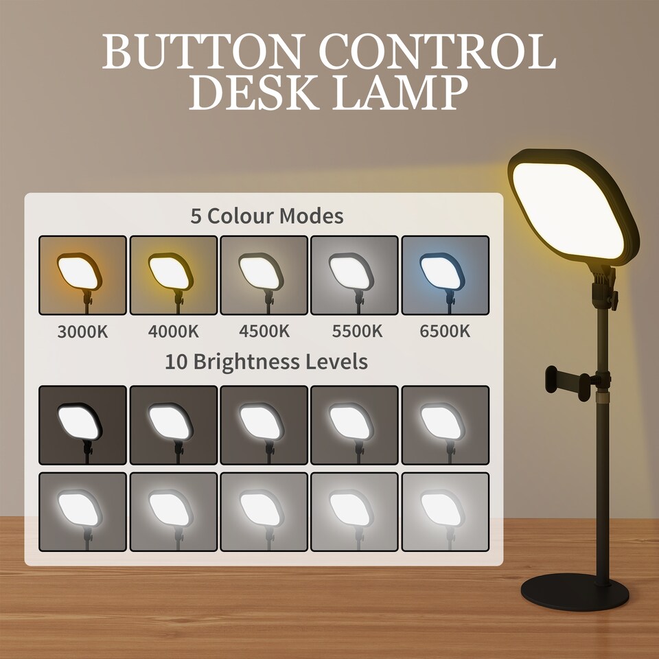 image 1 of HOMCOM Selfie Light for Video Conference Lighting, Dimmable Desk Lamp with Stand Phone Holder, 5 Colour Modes & 10 Brightness Levels, Memory Function for Home Office, Recording, Video Calls, Black | Black