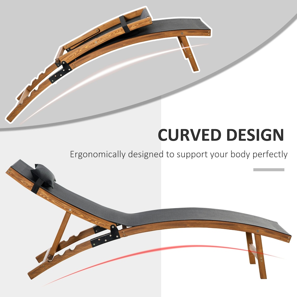image 1 of Outsunny Ergonomic Outdoor Chaise w/ Adjustable Back and Pillow for Garden Black