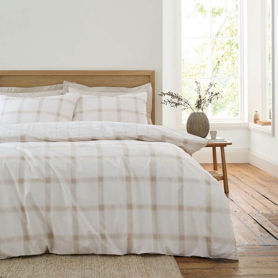 image 1 of Bianca Oxton Check 200 Thread Count Cotton Reversible Duvet Cover Set Natural | Cream | Natural | King