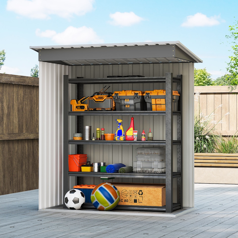 image 1 of Outsunny 5 x 3ft Garden Storage Shed with Sliding Door and Sloped Roof, Lean to Outdoor Equipment Tool Shed for Garden, Light Grey | Grey | 1