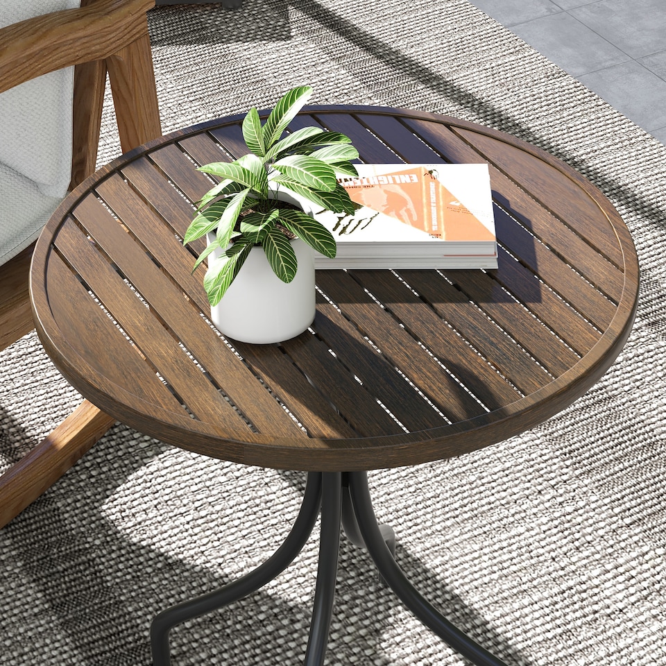 image 1 of Outsunny 66cm Diameter Garden Side Table, Round Bistro Coffee Table, Outdoor Patio Table with Steel Frame and Slat Tabletop for Balcony and Porch, Brown Wood Grain | Brown | Brown Wood Grain