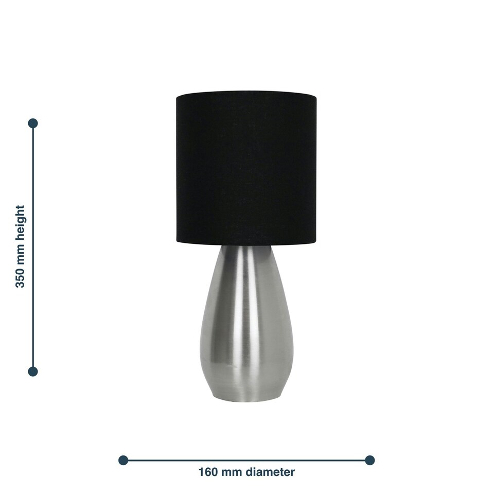 image 1 of First Choice Lighting Bullet Satin Nickel Touch Table Lamp with Black Fabric Shade Silver | Black