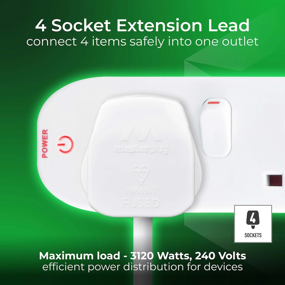 image 1 of Masterplug 13A 4 Socket Individually Switched Extension Lead 2m, White