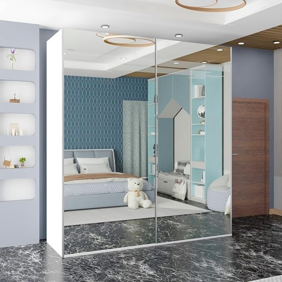 image 1 of Modern 200cm Sliding Mirrored Wardrobe with Drawers & Ample Storage | White, Black, Grey White | White200cm