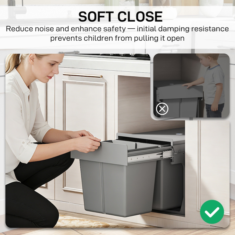 image 1 of HOMCOM 30L Pull Out Bin - 2 Compartments (15L Each), Soft Close Under Sink Bin with Removable Buckets for 400mm Cabinets, Kitchen Waste and Recycling, Base Mounted, Light Grey