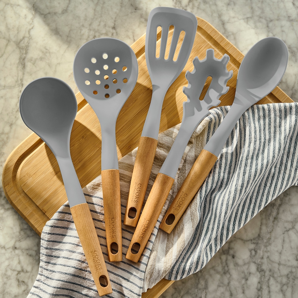 image 1 of Cooks Professional 5 Piece Silicone Utensil Set – Kitchen Cooking Spoons, Ladle & Spatula | Grey | 5