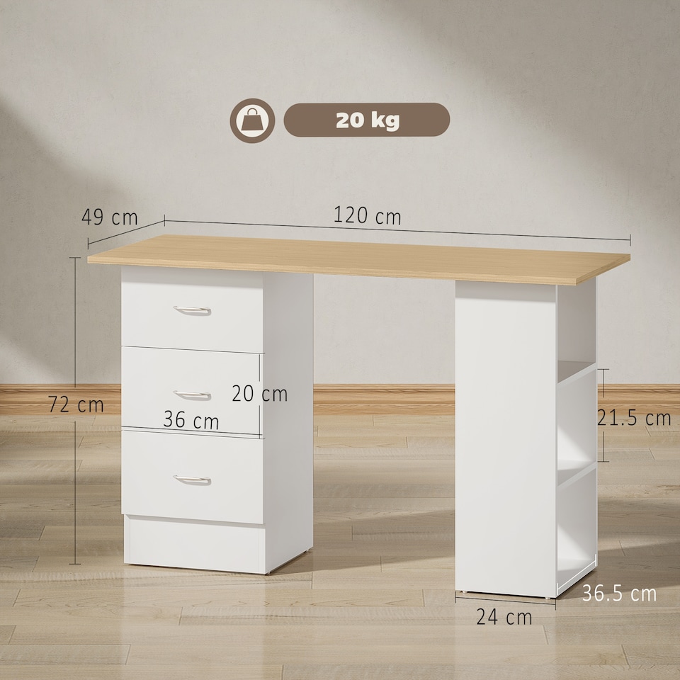 image 1 of HOMCOM Computer Desk, Writing Table, PC Workstation with 3 Storage Shelves and Drawers, Silver Handle, for Home Office, Natural Wood Finish and White | Brown