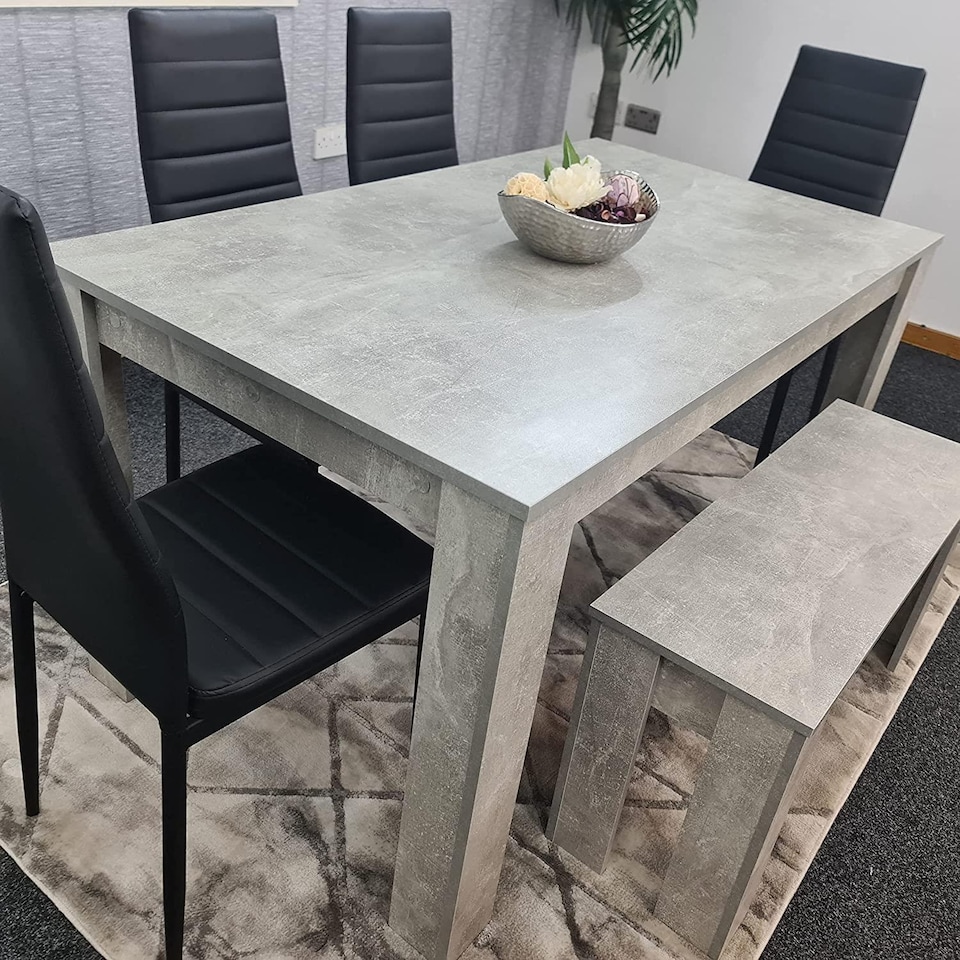 image 1 of Modern Grey Dining Table Set with 4 Black Chairs And Bench Dining Room Furniture Set | Black | One Size | 6