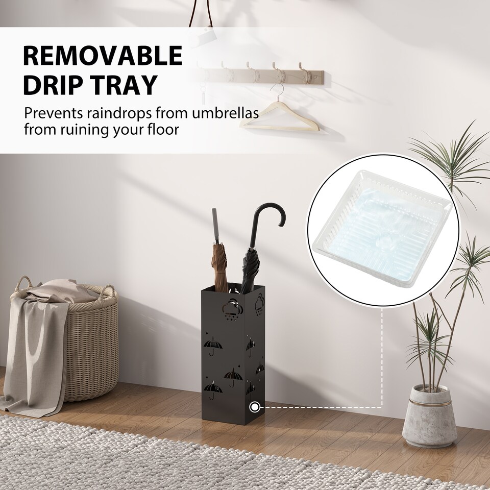 image 1 of HOMCOM Metal Umbrella Stand, Square Umbrella Holder with Removable Drip Tray and 4 Hooks, Decorative Umbrella Storage Rack for Hallway, Entryway, 15.5 x 15.5 x 41 cm, Black | Black