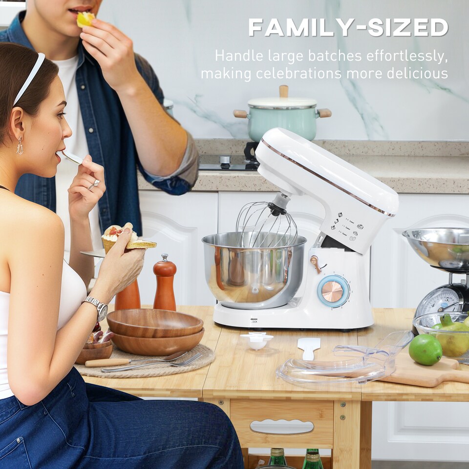 image 1 of HOMCOM Stand Mixer, 5L Food Mixer for Baking, 6 Speeds and Pulse Setting, 1400W Cake Electric Kitchen Mixer with Dough Hook, Whisk, Stainless Steel Bowl, Splash Guard, Beater, White