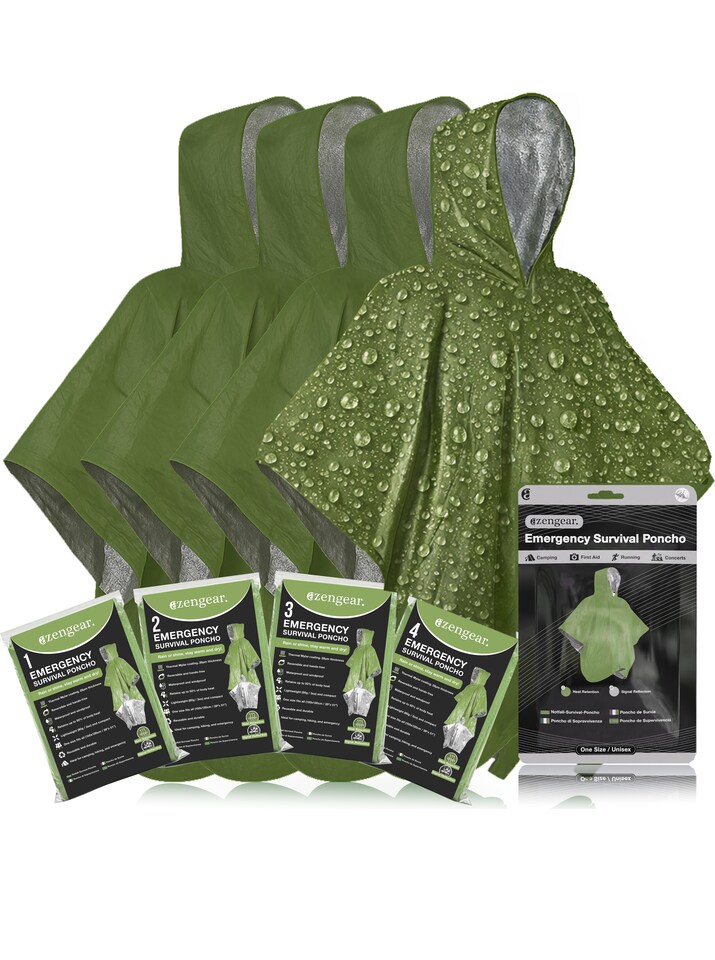 image 1 of aZengear Emergency Survival Poncho (4pc) Thermal Mylar Foil Coating Blanket for Heat Retention and Rain, Waterproof (Green)