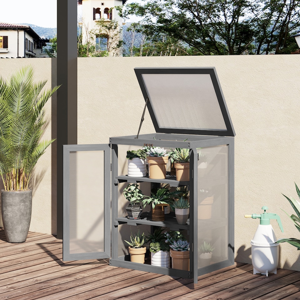 image 1 of Outsunny 3-tier Wood Greenhouse Plant Storage Shelf Garden Cold Frame Grow House
