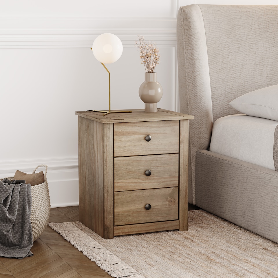 image 1 of Vida Designs Panama 3 Drawer Bedside Chest Cabinet Table Nightstand, Solid Pine Wood