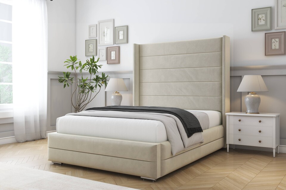 image 1 of Sloomy Sterling Cream Plush Bed Frame With Mattress With 50"  Upholstered Wingback Headboard 4'6 Double