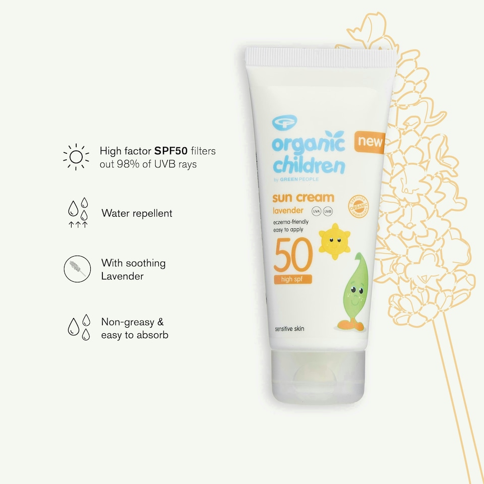 image 1 of Green People Organic Children Sun Cream SPF50 Lavender - Natural, Organic Sunscreen for Kids - Water Repellent, Reef Safe - Babies 6m+, 100ml