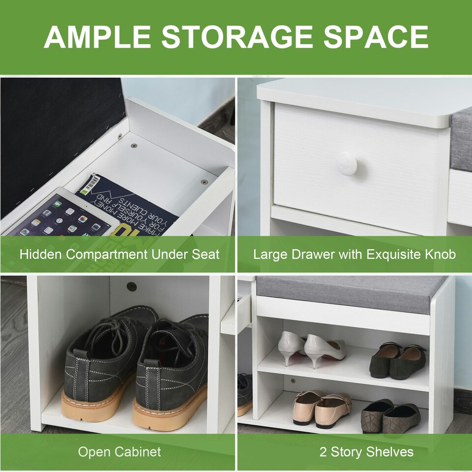 image 1 of HOMCOM Multi-Storage Shoe Bench Drawer 3 Compartments Cushion Home Boots White White