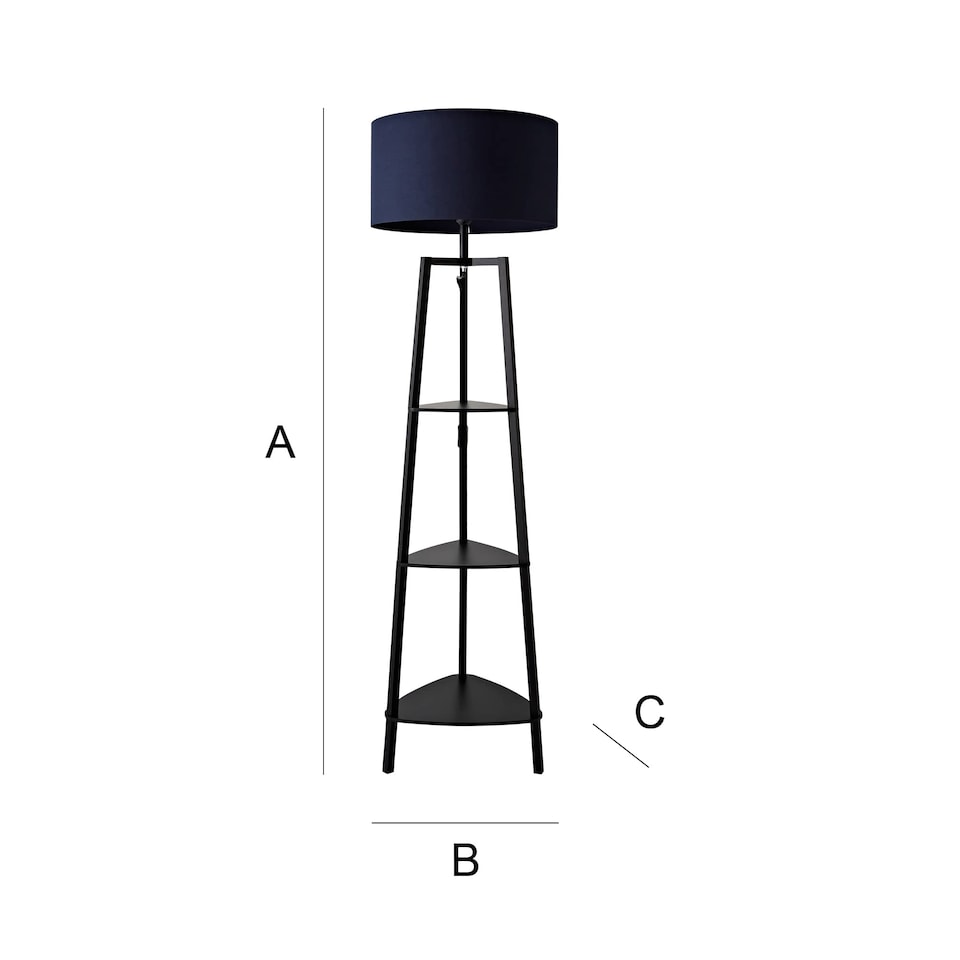 image 1 of ValueLights Hiru Black 3 Tier Shelf Floor Lamp with Navy Shade | Blue