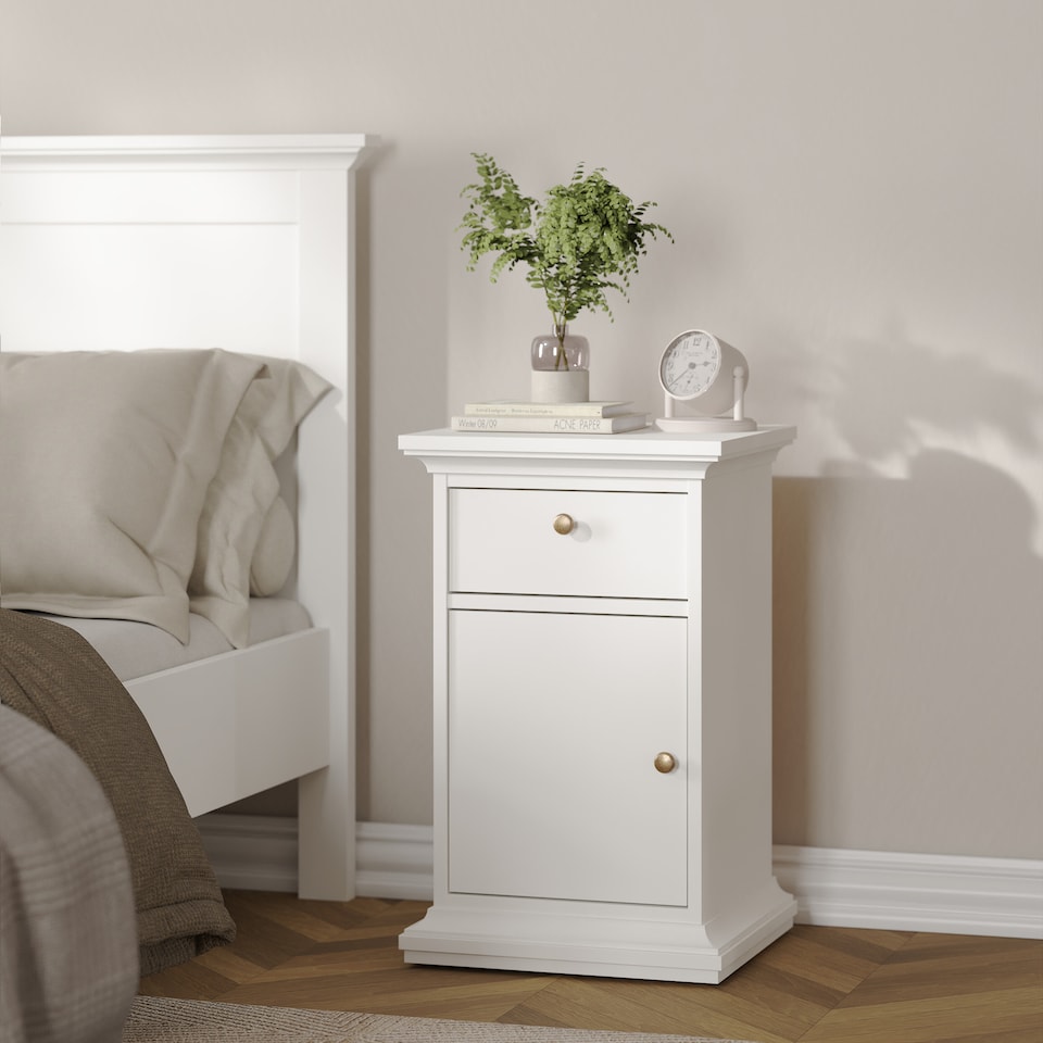 image 1 of Paris Nightstand 1 Door + 1 Drawer in White