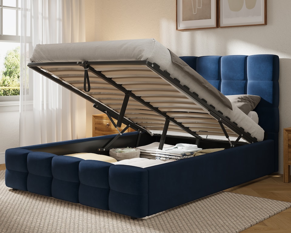 image 1 of Ezysleep Windsor Soft Touch Velvet Upholstered Gas Lift Ottoman Bed Frame | Blue | Navy