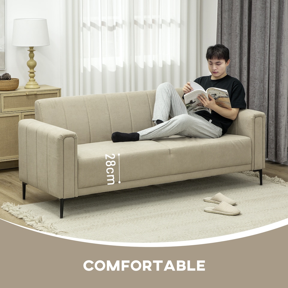 image 1 of HOMCOM 3 Seater Sofa, Modern Fabric Sofa Couch, Channel Tufted Upholstered Sofa Settee for Living Room, Guest Room, Bedroom, Home Office, Khaki | Yellow