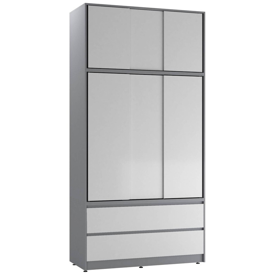 120cm 3 Sliding Doors Children Kids Wardrobe Bedroom Storage Closet Hanging Rail | Multi | Grey with White Doors | 1