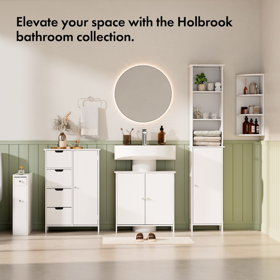 image 1 of VonHaus Holbrook White Freestanding Tall Bathroom Storage Cabinet with 6 Shelves