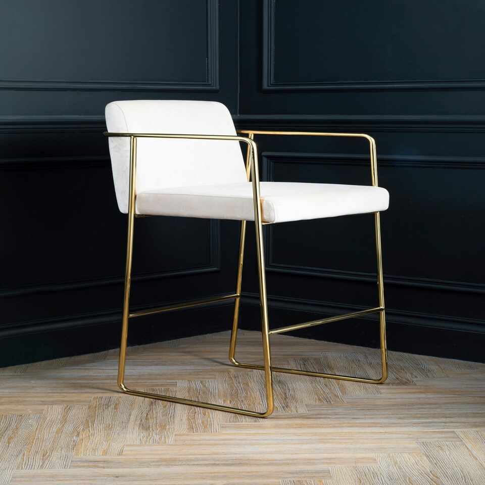 image 1 of Interiors by Premier White Bar Chair Stool with Back, Gold Frame Sleek Breakfast Bar Stool for Home Bar, Bar Chair with Footrest