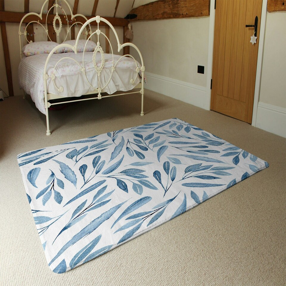 image 1 of Watercolour blue branches with leaves (Rug) White | XL: 160x230cm