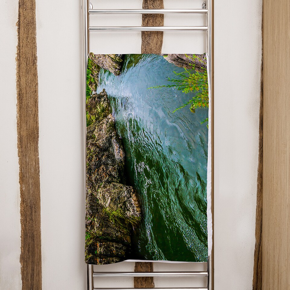 image 1 of River in mountain forest landscape Designer Bath Towel | Multi