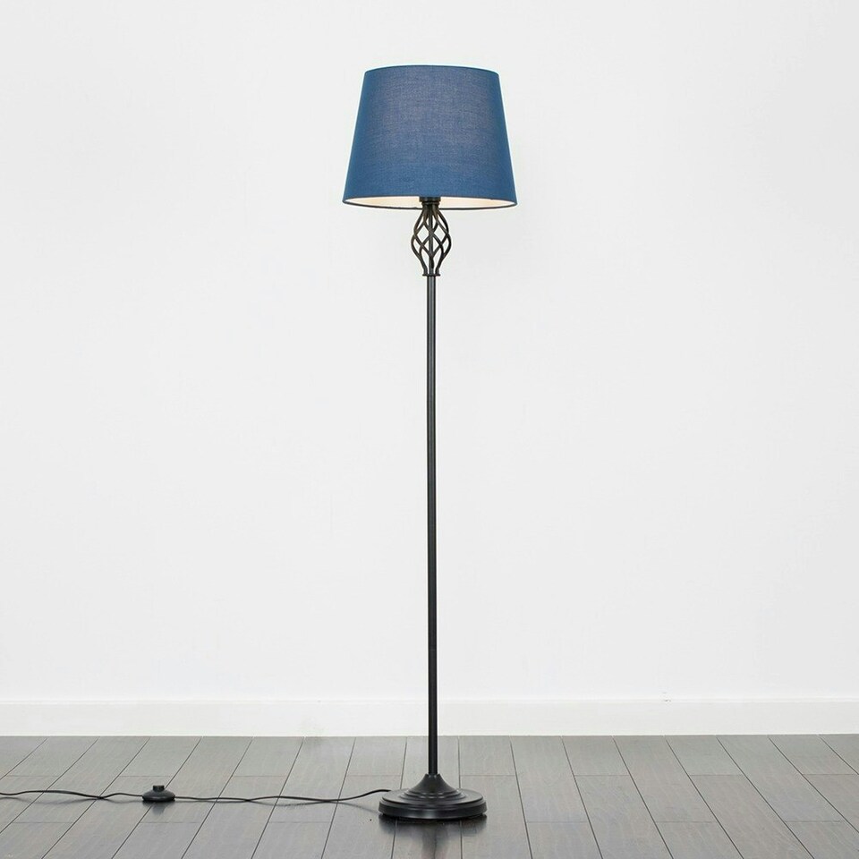 image 1 of ValueLights Traditional Style Black Barley Twist Floor Lamp With Navy Blue Light Shade