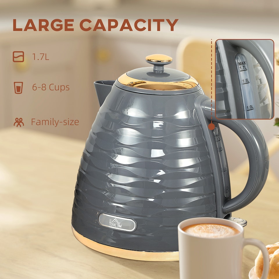 image 1 of HOMCOM Electric Kettle, Fast Boil, 1.7L, 3kW, Swivel, Grey Ripple | Grey