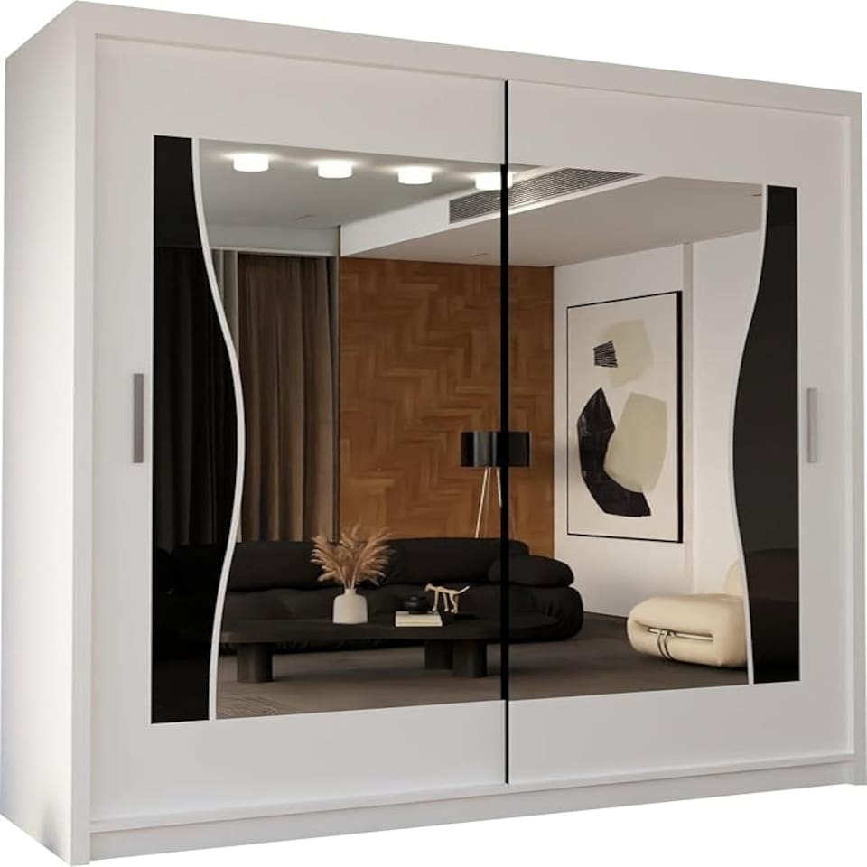 image 1 of Modern Sliding Wardrobe 120cm with Wavy Mirror Design | White, Black, Grey, Oak Finish Brown | Oak120cm