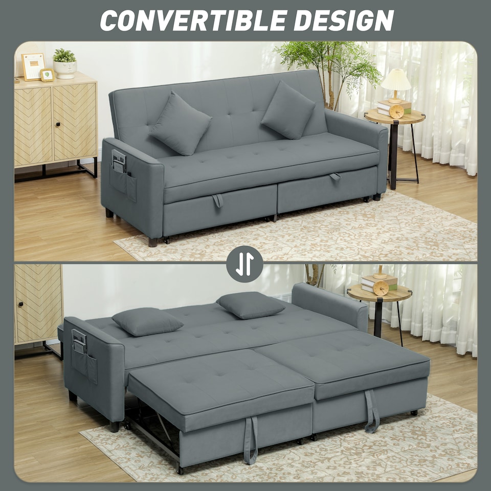 image 1 of HOMCOM Sectional Sofa Bed, L-Shaped 3 Seater Sofa Bed, Reversible Sleeper Sofa with Pull Out Couch Bed, Cushions, Fabric Futon Sofa Bed for Living Room, Grey | Grey | One Size