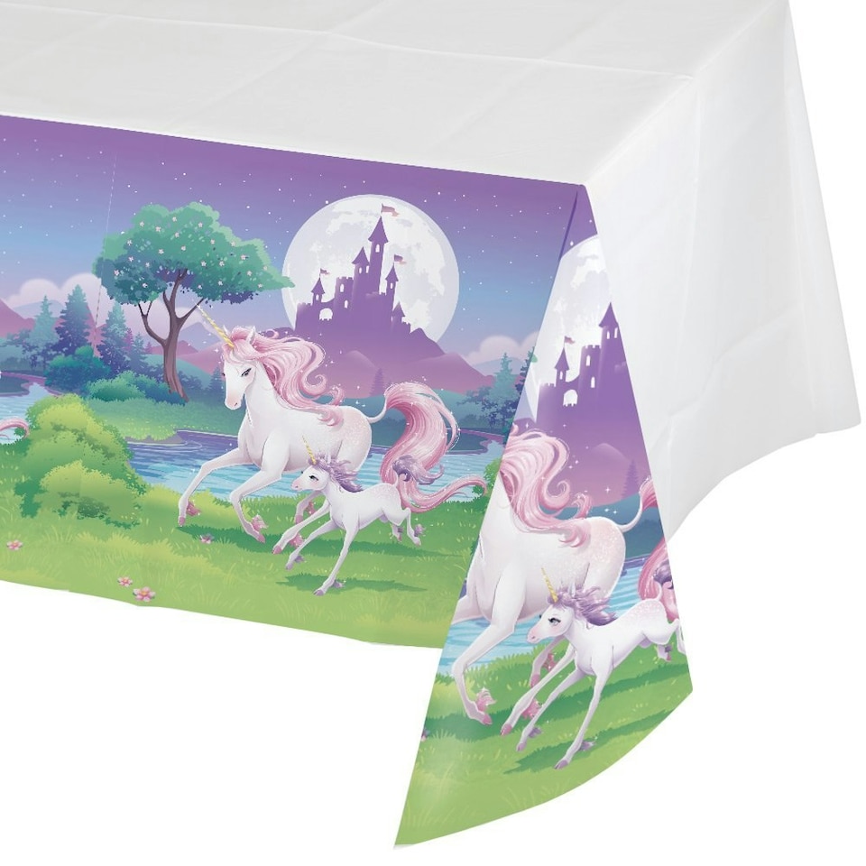 Creative Converting Unicorn Fantasy Plastic Bordered Party Table Cover - White/Purple/Green - One Size