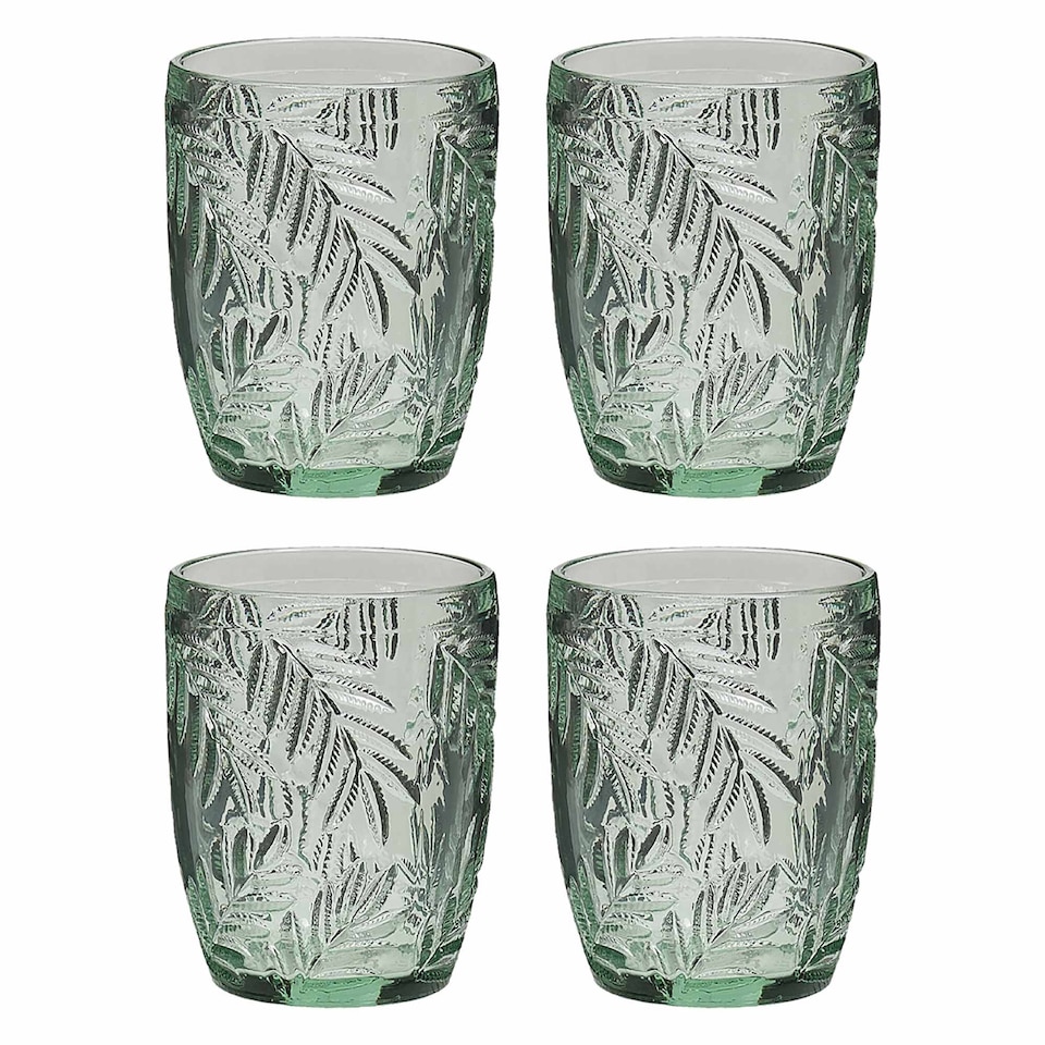 image 1 of Set of 4 Laurier Green Spring Summer Embossed Leaf Drinking Glass Short Tumblers 320ml