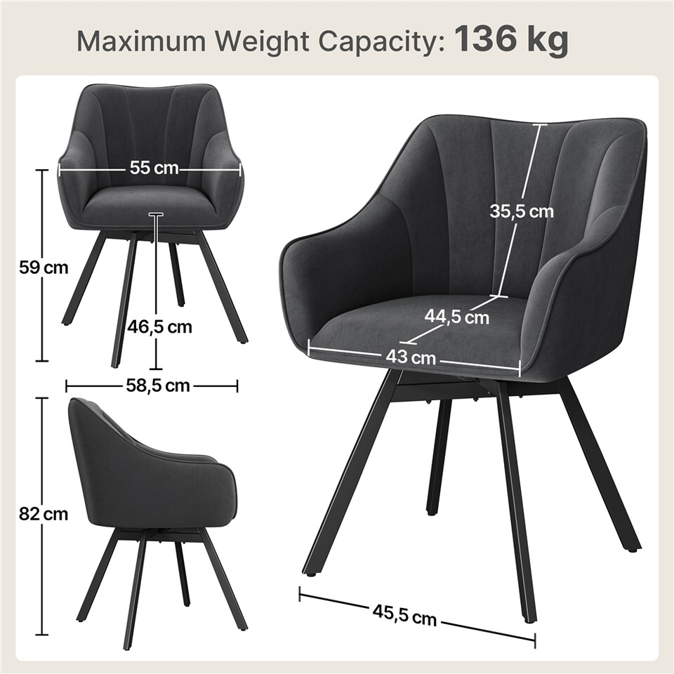image 1 of Yaheetech Set of 2 Modern Velvet Dining Chairs with Rotating Seat and Backrest | Grey | Dark Grey | One Size