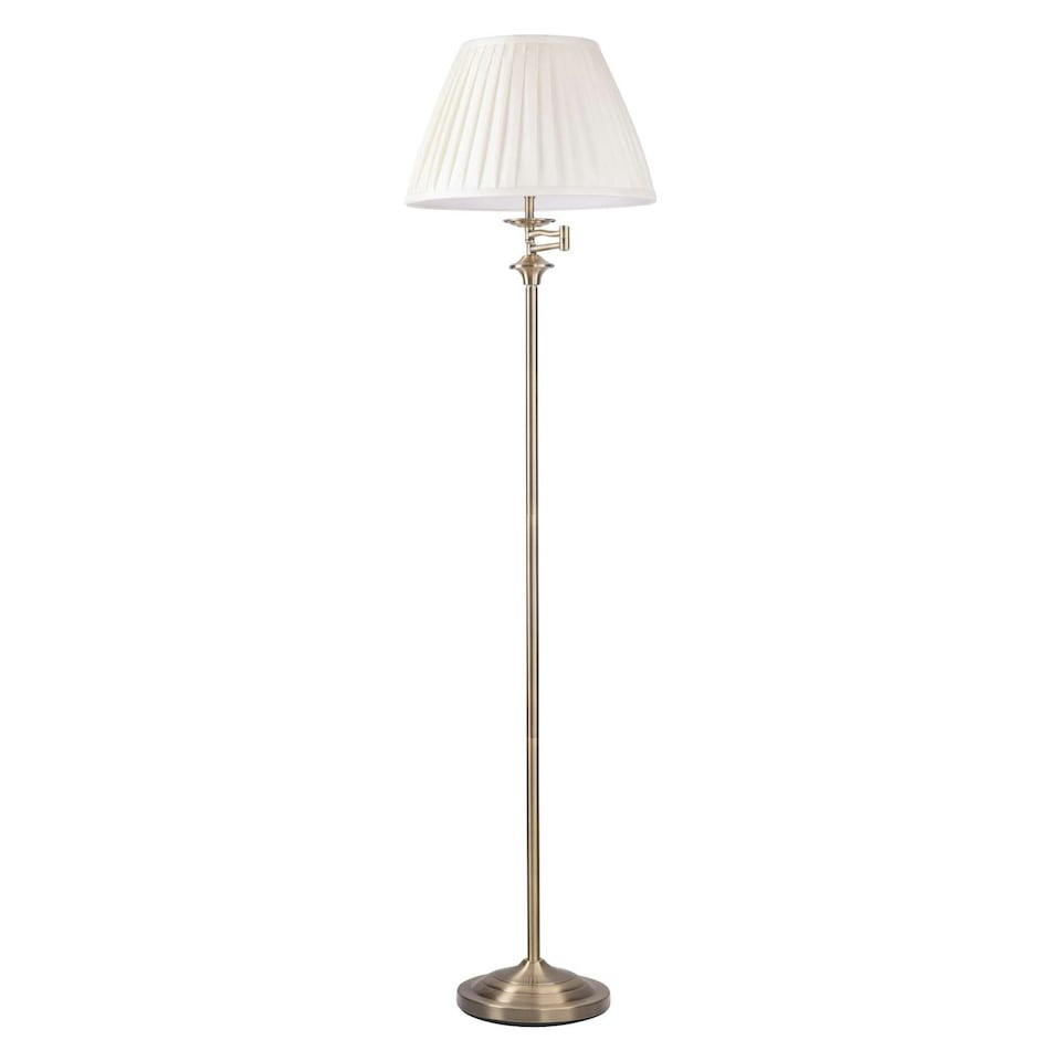 image 1 of First Choice Lighting Antique Brass Swing Arm Floor Lamp with White Pleated Shade Bronze | White