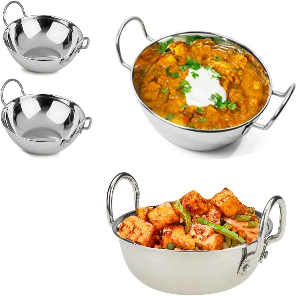 image 1 of Set of 2 Stainless Steel 18cm Kadai - Food Table Deep Serving Bowls with Handle
