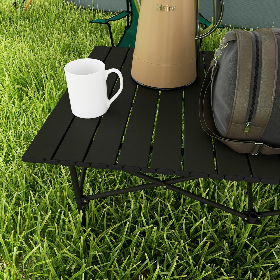 image 1 of Outsunny Portable Folding Camping Table w/ Roll Up Aluminium Top Carry Bag Black