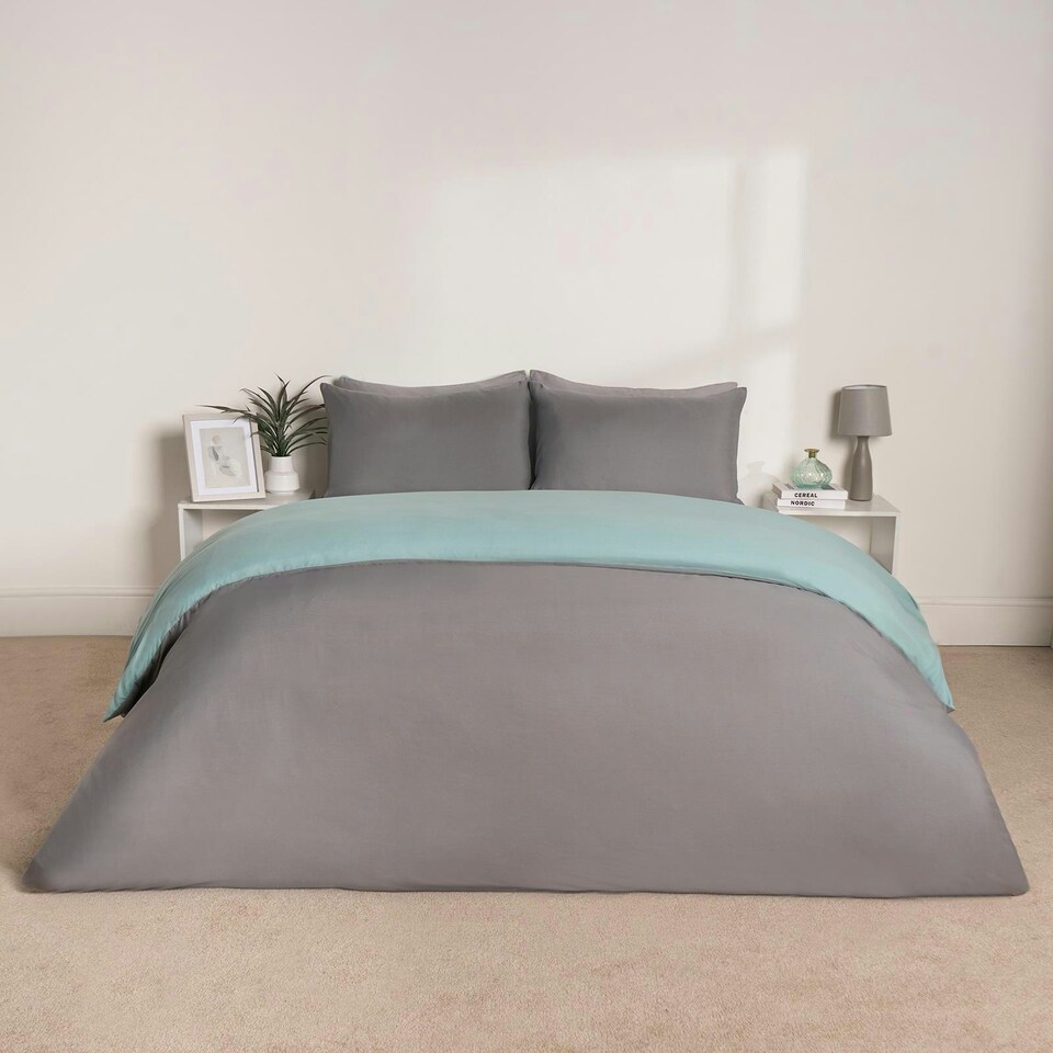 image 1 of OHS Reversible Microfibre Duvet Cover and Pillowcase Bedding Set, King - Duck Egg/Grey