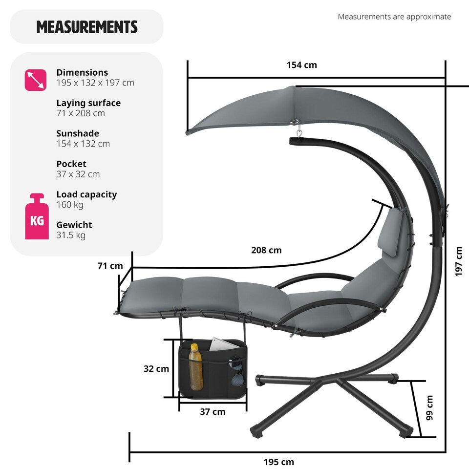 image 1 of Hanging Chair Elaria - large sun canopy with UV-protection, sturdy Grey