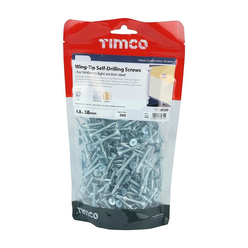 image 1 of Timco - Wing-Tip Self-Drilling Screws - Countersunk - PH - For Timber to Light Section Steel - Zinc (Size 4.8 x 38 - 260 Pieces)