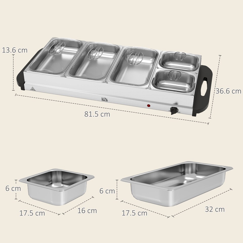 image 1 of HOMCOM Electric Food Warmer 5 Tray, 9.2L Buffet Server with Lids, Silver