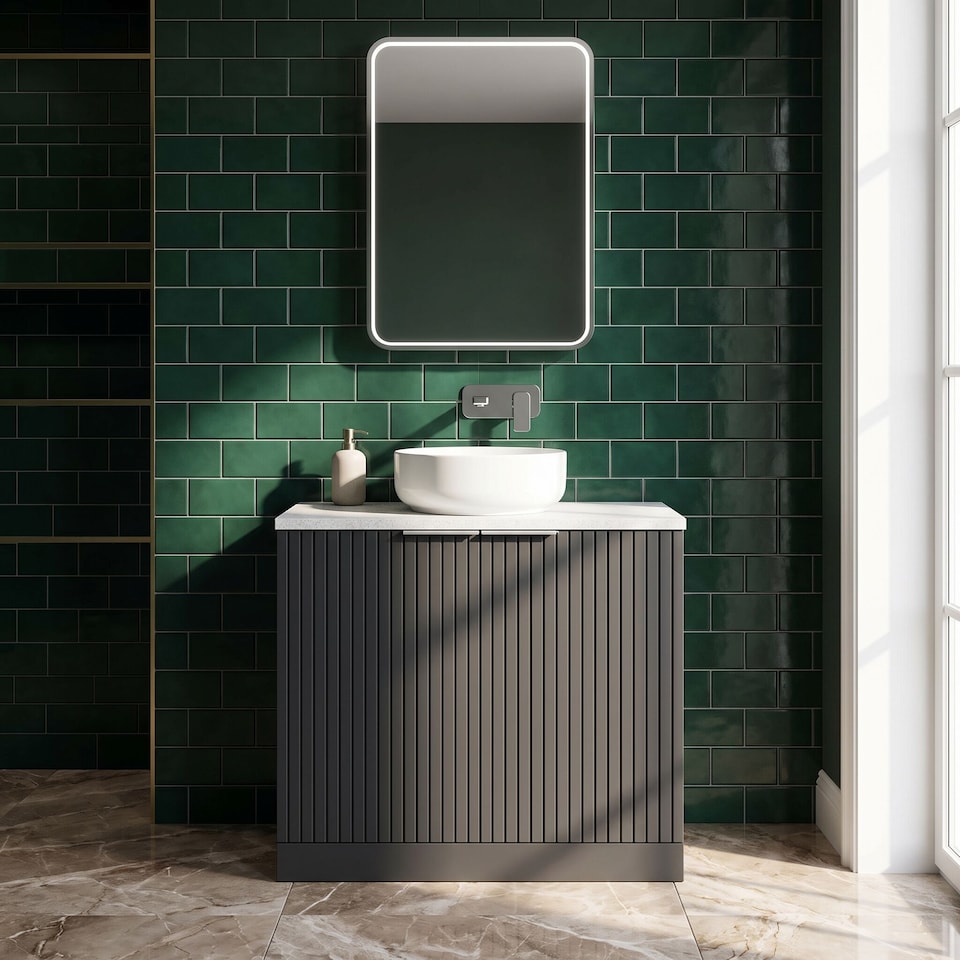 image 1 of Balterley Callingwood Contemporary Floor Standing 2 Door Vanity Unit with White Nebula Laminate Worktop , 800mm, Dark Grey