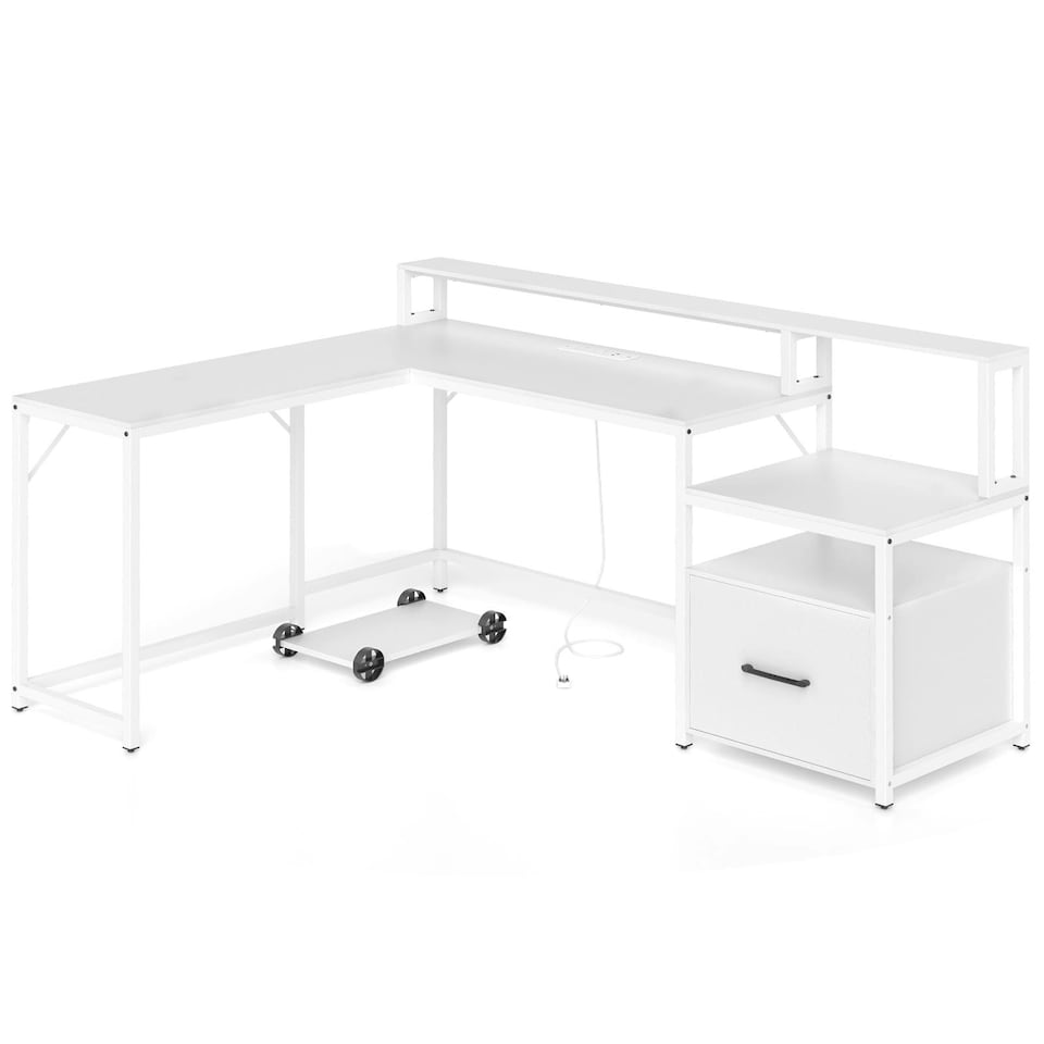 image 1 of COSTWAY L-shaped Desk Home Office Desk with File Drawer White