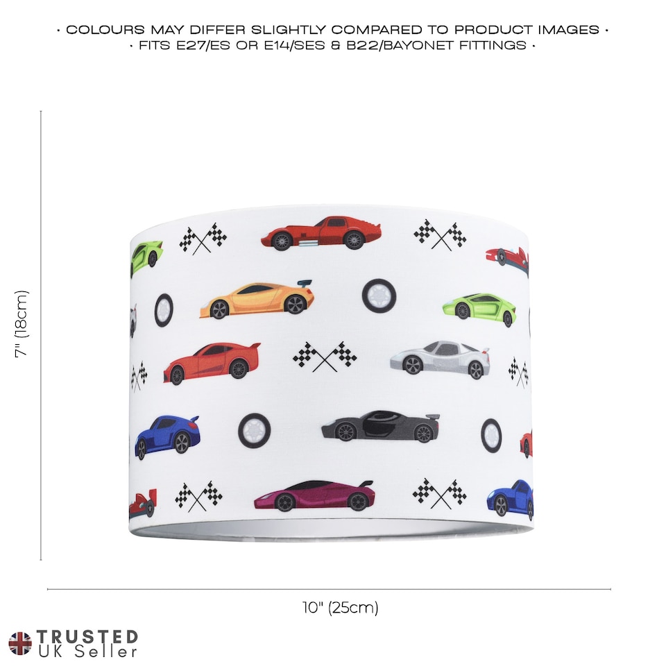 image 1 of Modern and Colourful Racing Cars Kids Cotton Fabric Round Drum Lamp Shade - 25cm | Multi | 10"