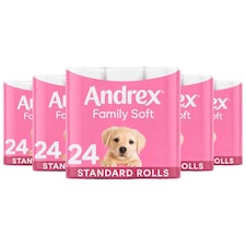 Andrex Toilet Roll Family Soft Fragrance-Free 2 Ply Toilet Paper, 24 Rolls | White | 5 Pack | 5